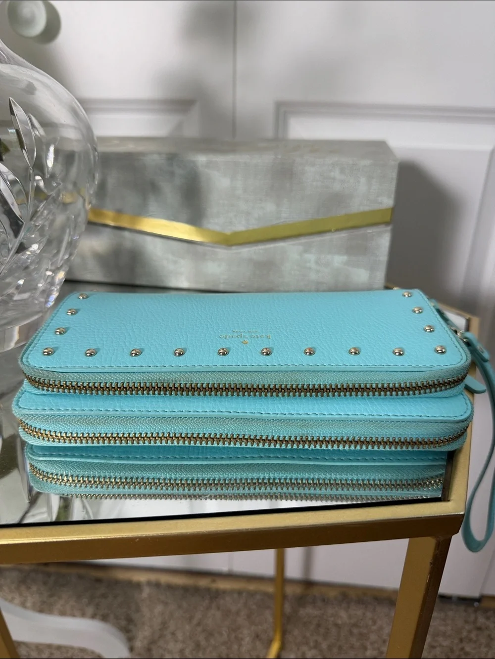 kate spade RARE Tiffany blue studded wristlet clutch